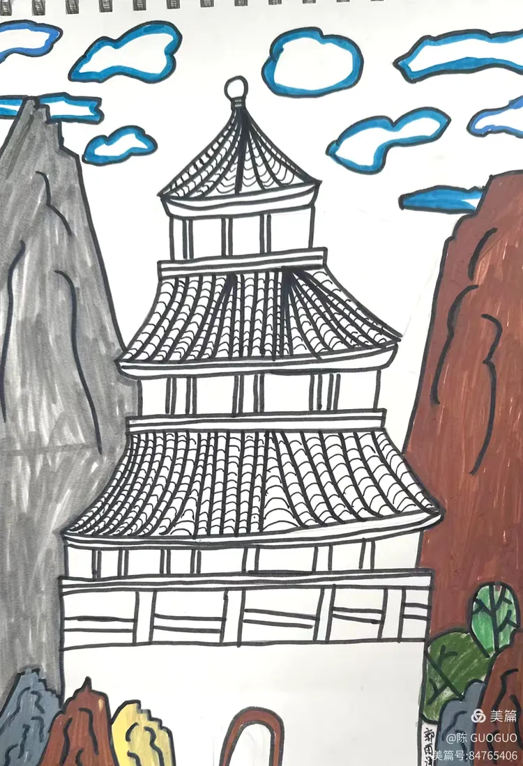 《家乡的古建筑》五(2)班美术课堂作业展示